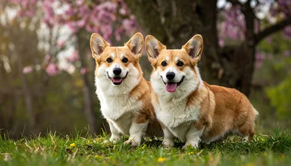 Fotobehang Dierenarts Two adorable corgi dogs posing on a vibrant green lawn in front of a blurred backdrop of spring blossoms, creating a joyful and whimsical scene  © zidan