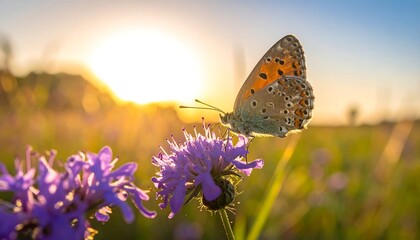 A butterfly rests on a purple flower, illuminated by the golden light of a setting sun in a field. The vibrant scene glows with warmth