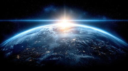 Fototapeta premium A vibrant Earth from space, illuminated by the sun's rising brilliance. Glowing atmosphere
