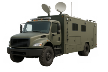 Military communications truck featuring satellite dishes on transparent background