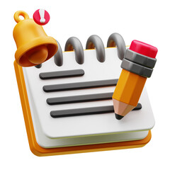 Notebook with bell reminder, great for deadlines, tasks, and urgent notes. 3D digital illustration design