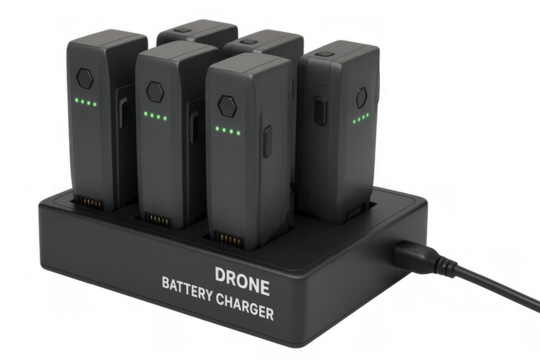 Drone flight batteries charging in multi bay charger