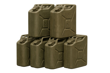 Green jerrycans stacked together, supplying fuel on transparent background