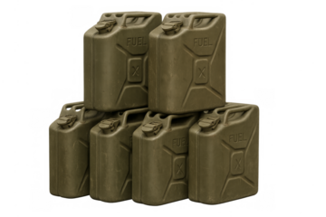 Green jerrycans stacked together, supplying fuel on transparent background