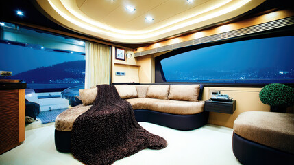 Luxurious yacht interior with a comfortable sofa and stunning night view through the window. The scene evokes a sense of relaxation and opulence.