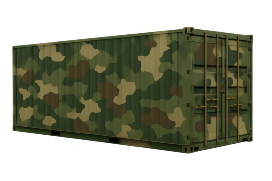 Military shipping container featuring camouflage pattern on transparent background - Powered by Adobe