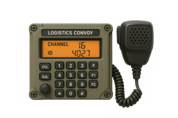 Military radio communication equipment displaying logistics convoy channel information