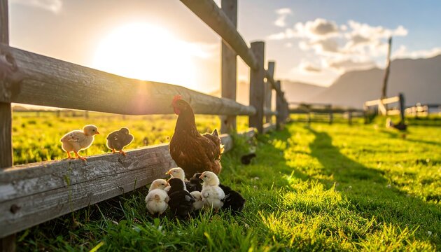 A hen with chicks basks in the warm sunlight near a weathered wooden fence on a vibrant green pasture. Mountain peaks rise in the distant backdrop