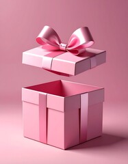 Obraz premium Open Pink Gift Box with Ribbon and Bow on Pink Background.
