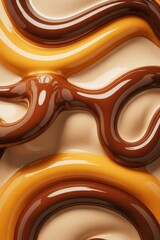 Abstract chocolate and caramel waves, smooth flowing lines, sweet dessert pattern, glossy liquid motion, delicious food background