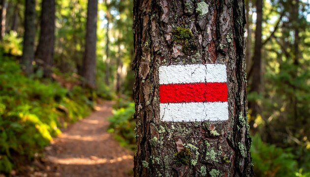 A hiking trail marker painted on a tree, leading through a sunlit forest path