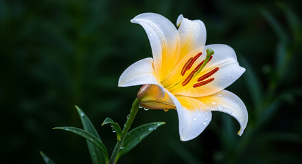 Closeup of a stunning white and yellow lily in full bloom, its delicate petals adorned with water droplets, against a backdrop of lush greenery