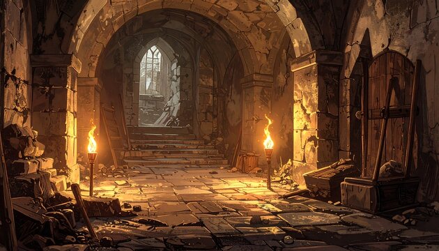 A detailed illustration depicting a dimly lit stone corridor in an old castle. Torchlight illuminates the path