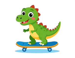 Cartoon dinosaur riding a skateboard, smiling and happy
