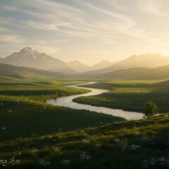 Obraz premium Golden River Flowing Through Green Meadows Towards Snowy Mountains at Sunset