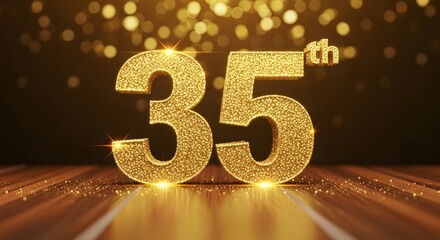 Golden 35th Anniversary Number with Sparkling Glitter Effect and Bokeh Background