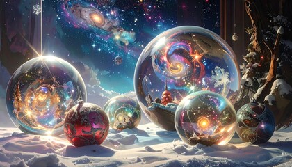 Christmas ornaments with galaxy and space elements under a starry night sky