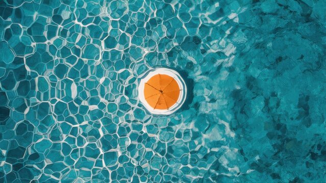 Vibrant turquoise water shimmers with sunlight, a lone orange umbrella floats serenely, promising summer relaxation and poolside bliss.