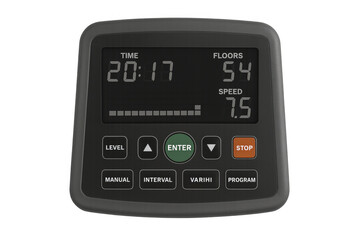 Fitness machine digital control panel displaying workout data