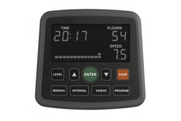 Fitness machine digital control panel displaying workout data
