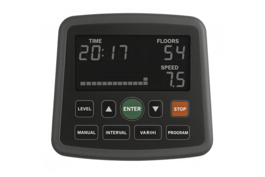 Fitness machine digital control panel displaying workout data