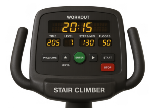 Stair climber gym equipment digital display showing workout data