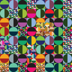 Colorful geometric pattern featuring semi circles and squares in vibrant shades of green, blue, red, and pink retro modern design.