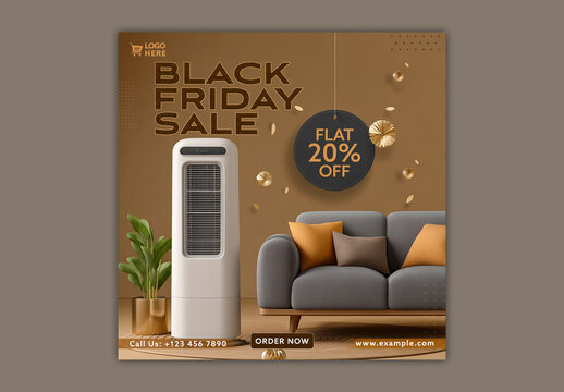Black Friday Sale Social Media Post with Discount Offer on Couch and Home Appliance, Editable Design.