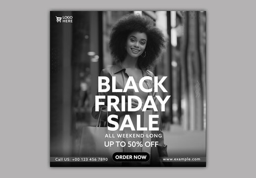 Black Friday Sale Social Media Post Editable Design with Afro Caribbean Woman Shopper Photo.