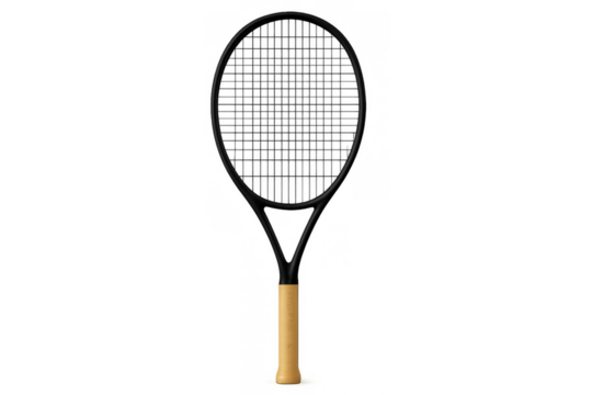 Black tennis racket with wooden handle