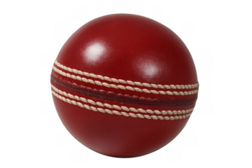Red leather cricket ball with prominent seam detail