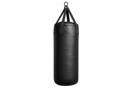 Black punching bag hanging for boxing training