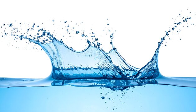 A clear, blue liquid erupts from a submerged surface, forming a dynamic splash against a bright white backdrop. Its droplets are crisp