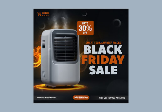 Black Friday Sale Social Media Post with Discount Offer on Home Appliance, Editable Design.