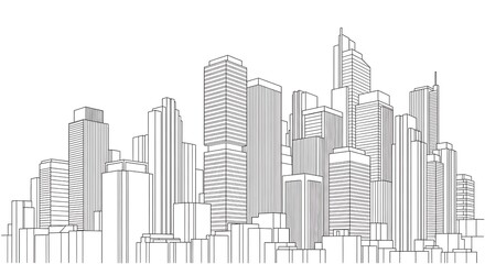 Modern Cityscape Illustration Featuring a Dense Collection of Tall Buildings and Skyscrapers, Depicting Urban Development and Architectural Design