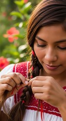 Beautiful latina woman braiding hair with red ribbon in traditional dress in summer garden