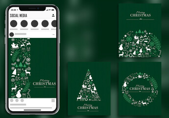Merry Christmas Social Media Post Template Set with Festival Elements in Green Color.