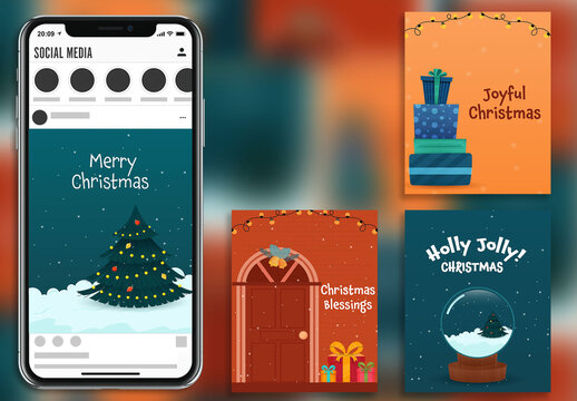 Merry Christmas Celebration, Editable Social Media Post Set in Various Color Design.