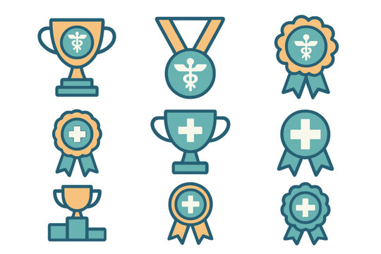 Medical awards and recognition icons in flat design style
