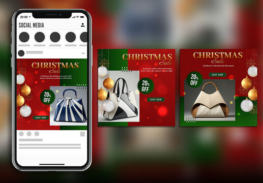 Christmas Sale Editable Social Media Post Set with Female Handbags for Fashion Enthusiasts.