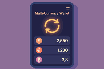 Multi-currency wallet interface with neon currency symbols on smartphone display