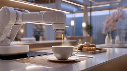 Robot Barista Serving Coffee: A sleek robot arm pouring a latte in a café with a coffee cup a pastry tray and a modern counter with neon lights. three quarter wide angle cinema