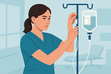 Healthcare professional adjusting iv drip in hospital setting
