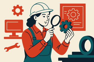 Quality control engineer analyzing gears in industrial setting