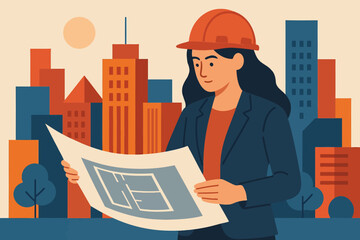 Female architect reviewing blueprints in urban setting with modern flat design