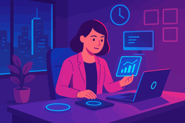 Modern businesswoman analyzing data at night in futuristic office