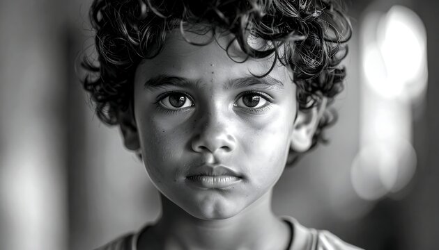 A close-up grayscale portrait of a young child with curly hair, gazing directly at the camera, with a neutral expression
