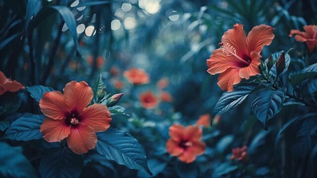 Vivid orange hibiscus blooms glow amidst the deep green and blue tropical foliage, creating a captivating and serene garden scene under soft, diffused light