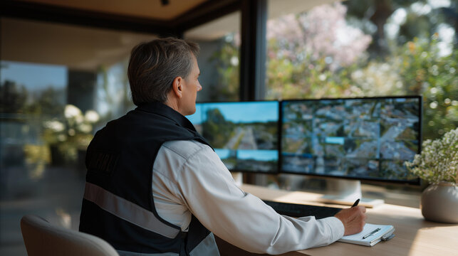 Neighborhood Perimeter Scan: A security guard in a vest monitoring a perimeter camera from a control room with a multi screen setup a notepad and a window overlooking a quiet