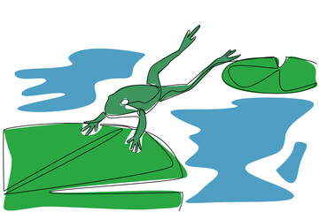 Continuous one line drawing frogs jump from one lotus leaf to another. Looking for mosquitoes. Swimming. Lowers body temperature. National Frog Jumping Day. Single line draw design vector illustration